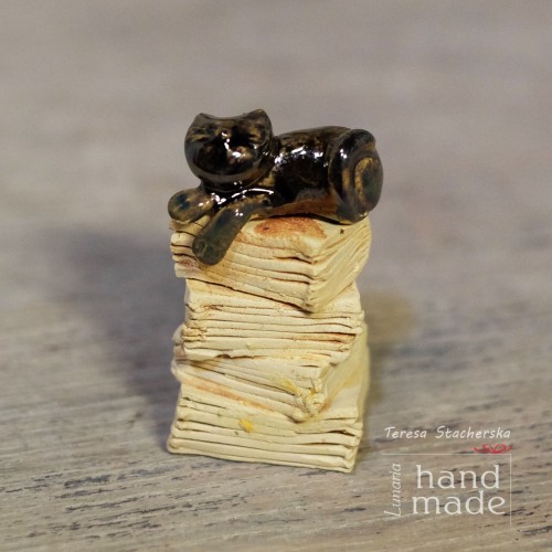 Ceramiczny czarny kot leżący na książkach.jpg